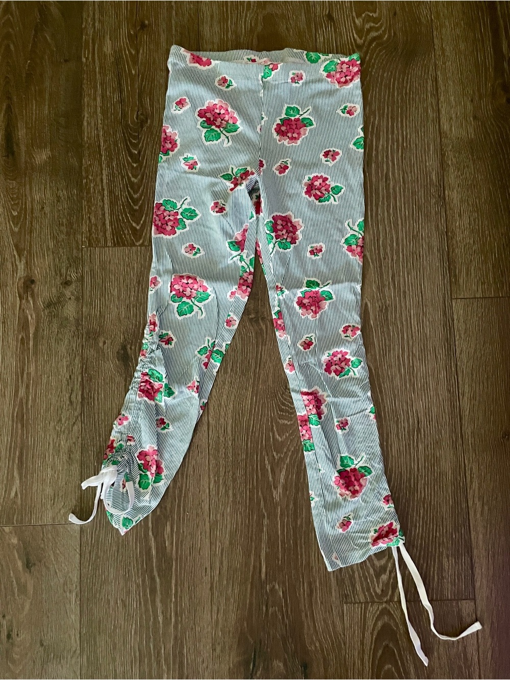 Betsey Johnson Floral Side Tie Leggings - Pink & Green Floral W/ Blue Stripes S